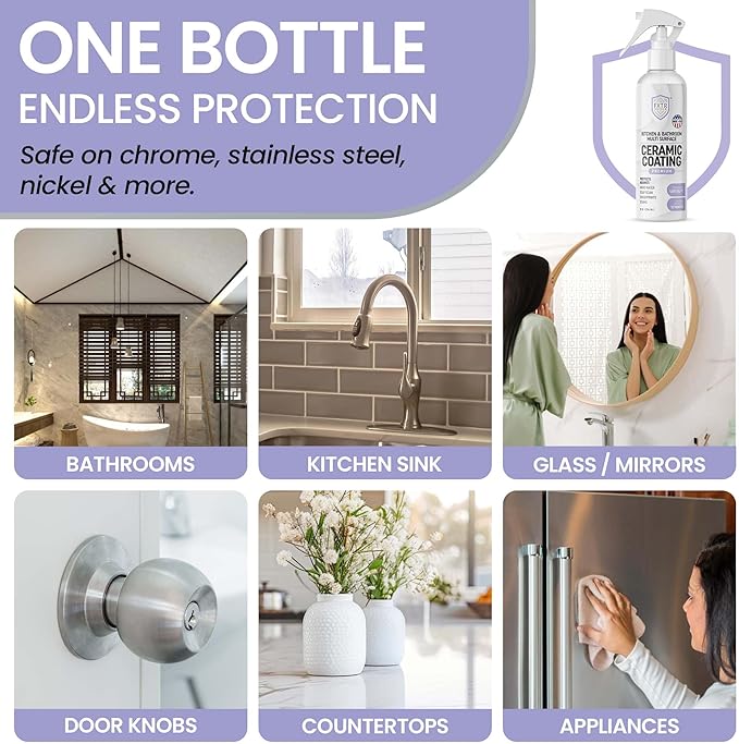 Fixture Shield Home Ceramic Coating Spray (8 oz) - SiO₂ Hydrophobic Protection for Kitchen & Bath | Repels Fingerprints, Stains & Hard Water | Extra Strength Formula | Made in USA