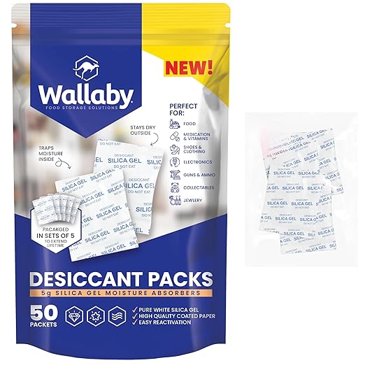Wallaby 5g Silica Gel Desiccant Packs – 50 Packets (Food Safe, Rechargeable)