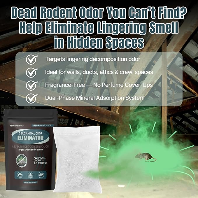 Dead Rodent Odor Absorber for Strong Smells, With Steam-Activated Coconut Shell Carbon & Engineered Clinoptilolite Zeolite, Fragrance-Free & Reusable, Covers Up to 365 Sq Ft, No Harsh Chemicals