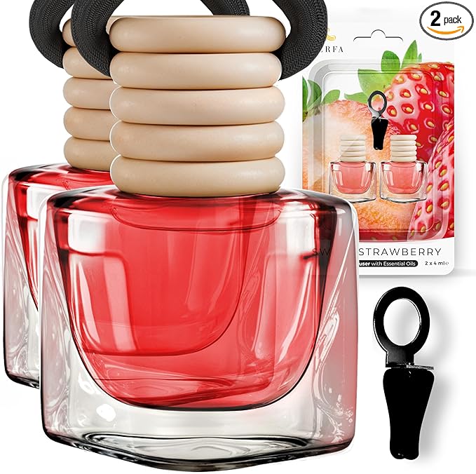 Car Air Fresheners for Women - Sweet Strawberry Fragrance | Pack of 2 Long Lasting Car Air Freshener | Odor Eliminator with Essential Oils | Car Air Freshener Vent Clip by Perfa