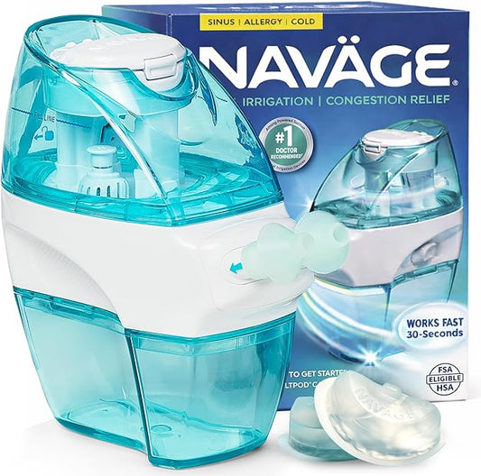 Navage® Starter Bundle – Nasal Irrigation System - Saline Nasal Rinse Kit with 1 Nose Cleaner and 30 SaltPods for Congestion Relief ($109 Value). Sinus Rinse for Clinically Proven Benefits