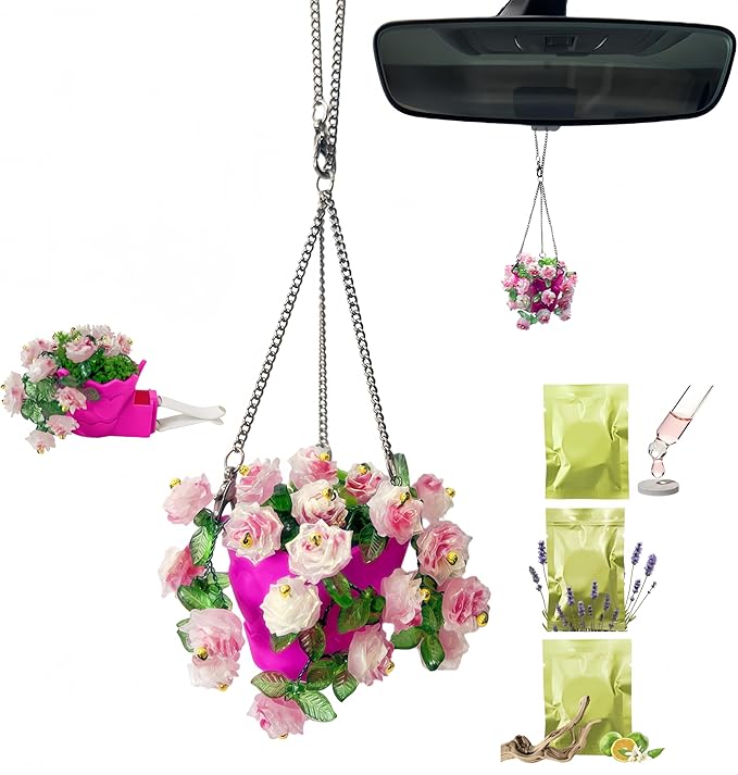 Car Air Freshener Hanging & Vent Clip - Handmade Car Fragrance with Floral Pot Design, Car Scent for Rear View Mirror Accessories, Automotive Air Fresheners That Make Car Smell Good(red rose)