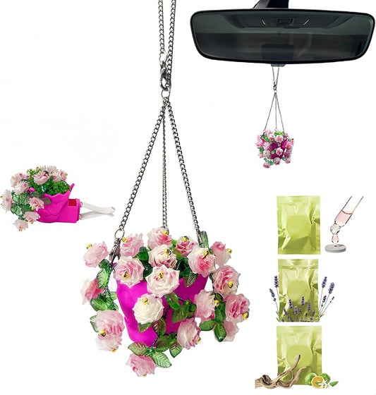 Car Air Freshener Hanging & Vent Clip - Handmade Car Fragrance with Floral Pot Design, Car Scent for Rear View Mirror Accessories, Automotive Air Fresheners That Make Car Smell Good(red rose)