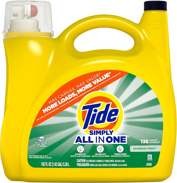 Tide Simply All-In-One Liquid Laundry Detergent, Daybreak Fresh Scent, 138 Loads, 182 fl oz