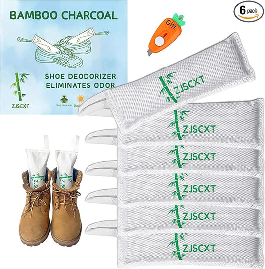 Charcoal Shoe Odor Deodorizer Inserts - Smells Eliminator for Sneakers, Boot and Gym Bag with Box Opener (6Packs, 2.8OZ/Pack)