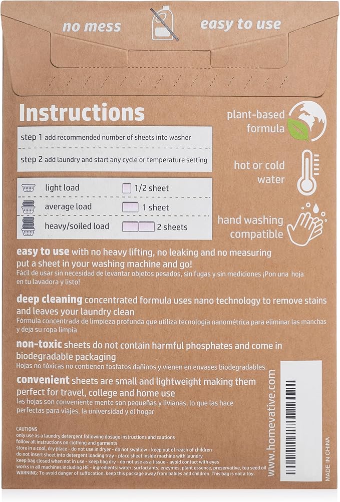 Homevative Laundry Detergent Sheets, 30 Sheets, Up to 60 Loads, Easy Dissolve, Lavender, Eco package, HE Compatible, Septic friendly, Great for travel, college, laundromat and at home