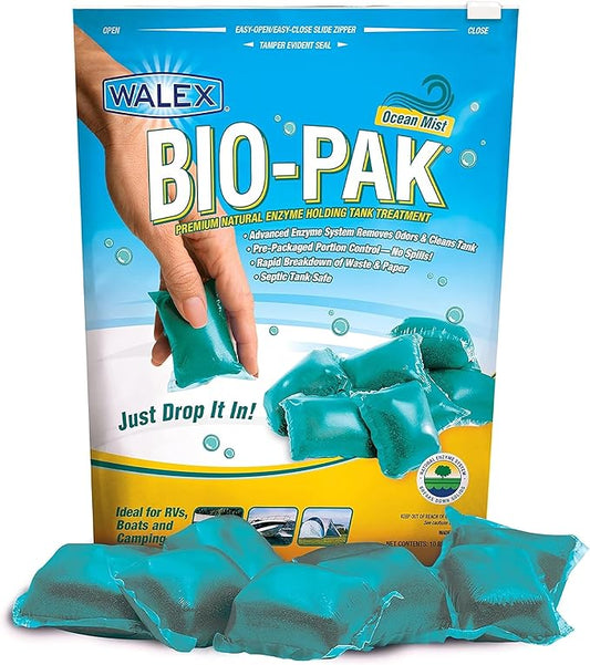 Walex Bio-Pak Black Holding Tank Deodorizer & Waste Digester Drop-Ins - Advanced Enzyme Formula for Rapid Breakdown of Waste & Paper, Removes Odors & Cleans Tank, Ocean Mist, 10-Pack