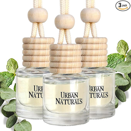 Urban Naturals Car Air Freshener Diffuser 3 Pack - Eucalyptus Spearmint Scent, 45+ Days Long Lasting Fragrance, Made in USA, Glass & Wood, Hanging Design + Vent Cip, Easy to Use
