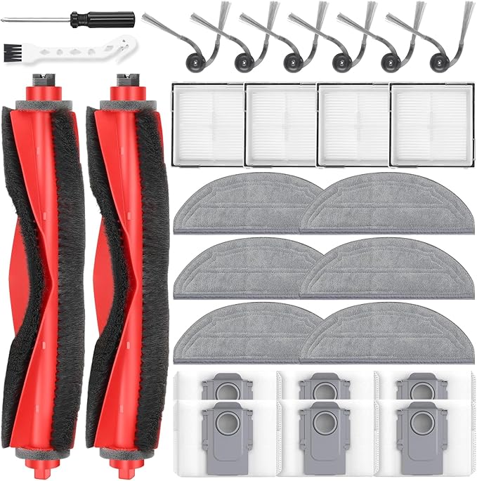 26 Pack Replacement Accessories for Roborock Q10 S5/Q10 S5+/Q10 X5/Q10 X5+ Robot Vacuum Cleaner, 2 Main Brushes 6 Side Brushes 4 HEPA Filters 6 Mop Pads 6 Dust Bags 1 Cleaning Brush 1 Screwdriver