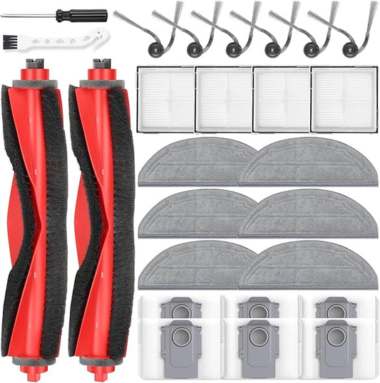 26 Pack Replacement Accessories for Roborock Q10 S5/Q10 S5+/Q10 X5/Q10 X5+ Robot Vacuum Cleaner, 2 Main Brushes 6 Side Brushes 4 HEPA Filters 6 Mop Pads 6 Dust Bags 1 Cleaning Brush 1 Screwdriver