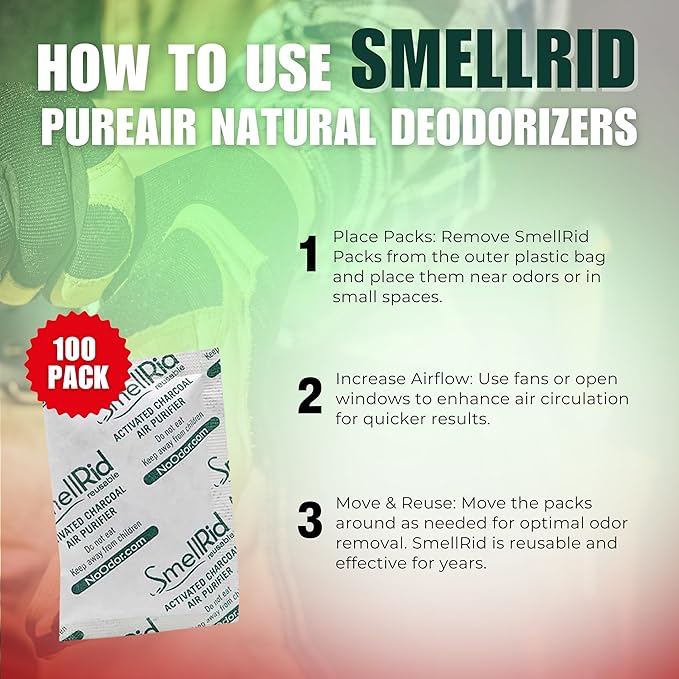 SMELLRID Activated Charcoal Odor Remover That Works [100 Pack] - Mini 5g (2” x 2”) Pack Treats 2 Sq. Ft.- Premium Natural Odor & Dampness Absorber Safeguard Stored/Shipped Items