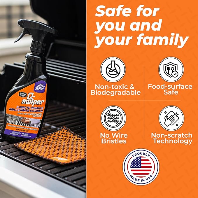 Proud Grill Company Q-Swiper 2-Minute Miracle Grill & Grate Cleaner with Scrub Clean Cloth - Degreaser Spray for BBQ, Oven, Stove, Kitchen Tops & Surfaces, Grate & Grease Remover, Smoker Cleaning Kit