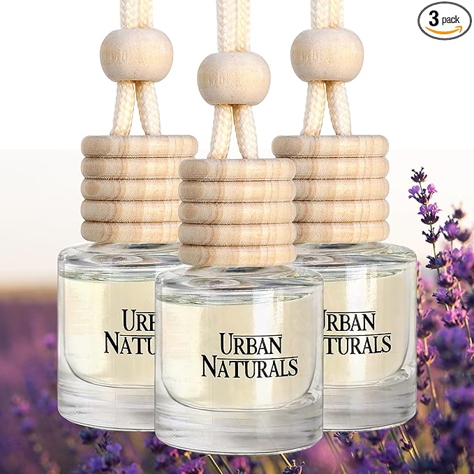 Urban Naturals Car Air Freshener Diffuser 3 Pack - Lavender Luxe Scent, 45+ Days Long Lasting Fragrance, Made in USA, Glass & Wood, Hanging Design + Vent Cip, Easy to Use