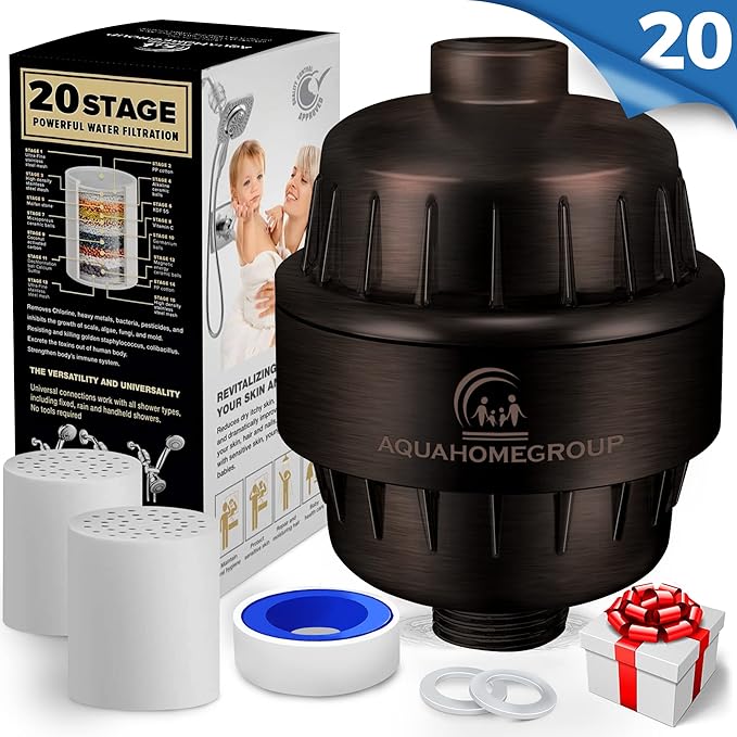 AquaHomeGroup 20 Stage Shower Head Filter with Vitamin C E A - High Output Filters to Reduce Chlorine - 2 Cartridges Included - Consistent Flow Showerhead Filter