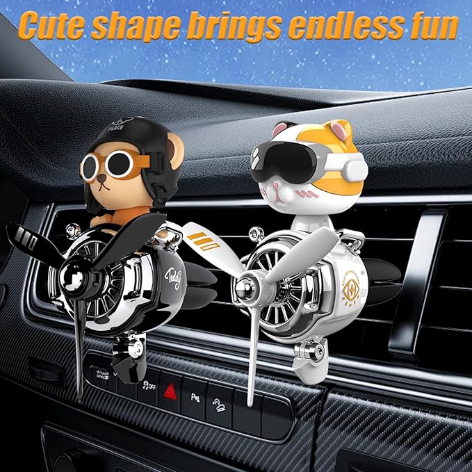 2Pcs Car Air Fresheners, Cute Bear Pilot Automotive Air Outlet Creative Car Perfume Diffuser, Automotive Accessories Air Vent Decoration with 8 Fragrant Tablets (Silver 3+Black 4)
