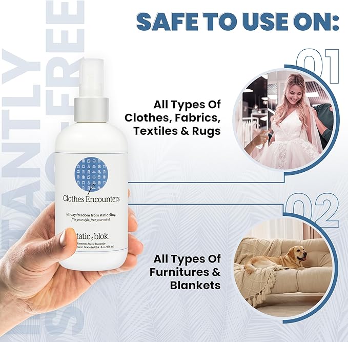 Anti-Static Spray for Clothes - Instantly Eliminate Static Cling, Flyaways, and Shocks from Clothes, Fabrics, Linens, Blankets & Rugs- All-Natural Formula - Lasts All Day- 8oz