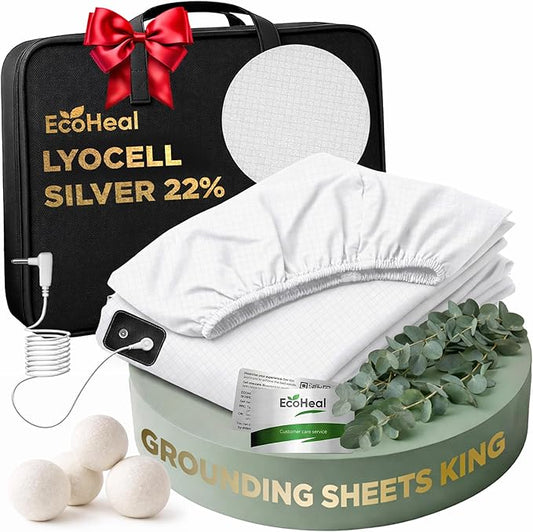 Luxury Lyocell Grounding Sheets King 22% Silver Fiber, 74% Cooling Lyocell, 4% Silk, Quality Certified - Conductive Earth Fitted Sheet 15" Deep w/Wash Bag & Wool Dryer Balls, White
