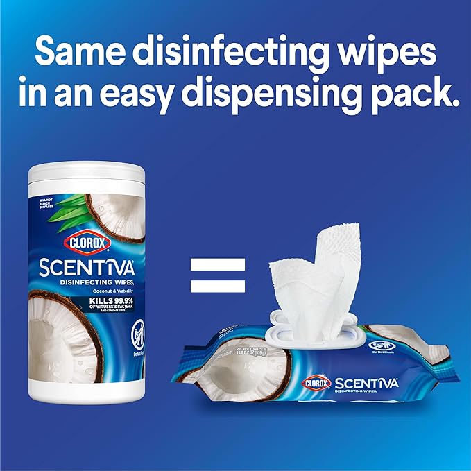 Clorox Scentiva Disinfecting Wipes, Coconut and Waterlily, 75 Count, Pack of 3 (Package May Vary)