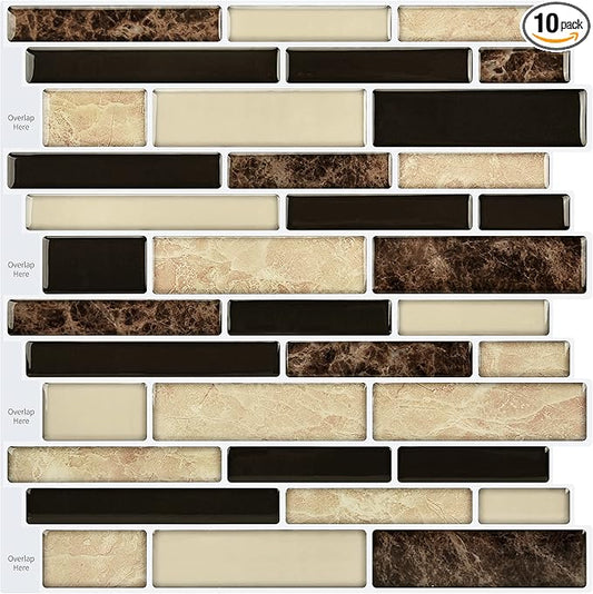 LONGKING 10-Sheet Brown Peel and Stick Backsplash Tile for Kitchen, Vinyl 3D Self-Adhesive Tile Stickers for Kitchen, Bathroom, Counter Top