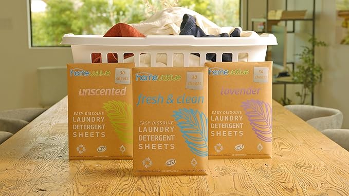 Homevative Laundry Detergent Sheets, 30 Sheets, Up to 60 Loads, Easy Dissolve, Fresh & Clean, Eco package, HE Compatible, Septic friendly, Great for travel, college, laundromat and at home