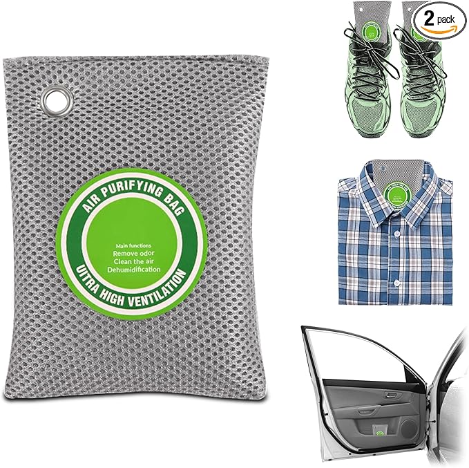 2 Bags Natural Air Purifying Bag | Bamboo Charcoal Odor Absorber for Home & Car | Closet Odor Eliminator, Small Room Deodorizer & Car Air Freshener | Charcoal Bags (200g- gray, Unscented)