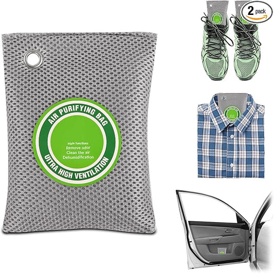 2 Bags Natural Air Purifying Bag | Bamboo Charcoal Odor Absorber for Home & Car | Closet Odor Eliminator, Small Room Deodorizer & Car Air Freshener | Charcoal Bags (200g- gray, Unscented)