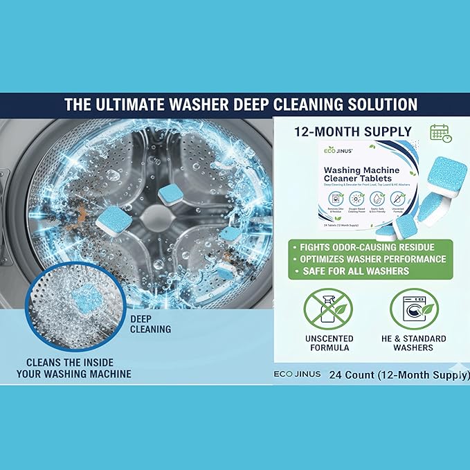 Washing Machine Cleaning Tablets Washer Cleaner & Descaler, 24 Count (12-Month Supply) for Front Load, Top Load & HE Washers | Appliance Maintenance & Residue Removal