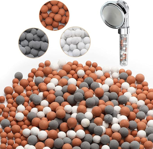 Patelai Replacement Anion Mineral Shower Head Bead Refills Purifying Water Mineral Bead Filtration Stone Ball for Filtered Shower Head, Diameter 7-8 mm(150.0 Grams,Orange, Gray, White)