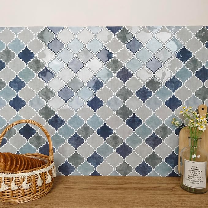 Arabesque Peel and Stick Backsplash for Kitchen, Thicker Design 3D Self Adhesive Wall Tile, 12"x12" Peel and Stick Wall Tiles, 10-Sheet Stick on Tiles for Kitchen and Bathroom (Mix Blue).