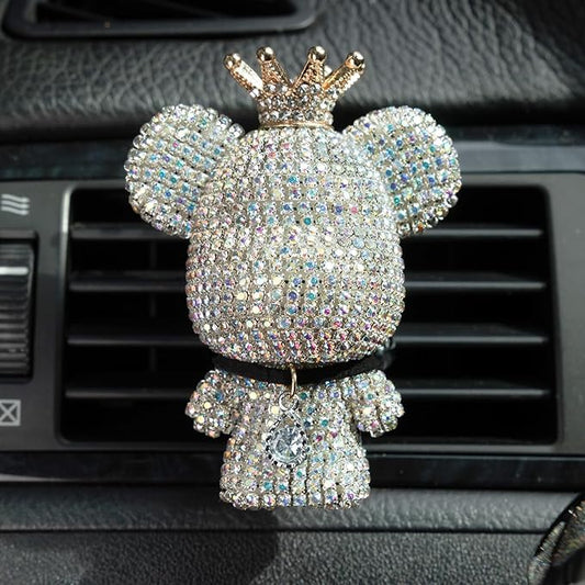Cute Car Accessories, Bling Crystal Bear Car Air Freshener With Vent Clip,Rhinestone Aesthetic Car Decor Interior Decoration (SLIVER)