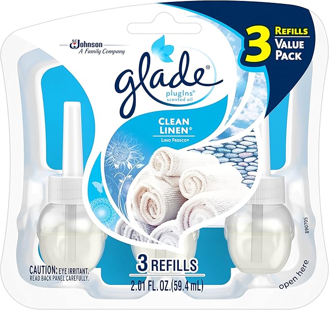 Glade PlugIns Refills Air Freshener Starter Kit, Scented and Essential Oils for Home and Bathroom, Clean Linen, 4.02 Fl Oz, 2 Warmers + 6 Refills