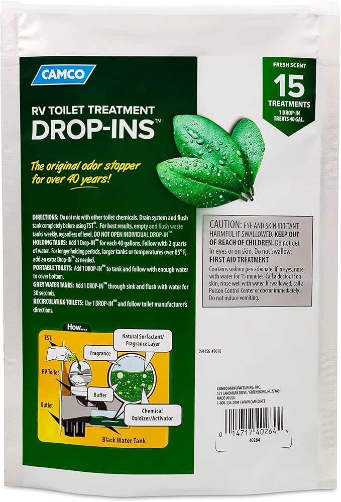Camco TST RV Toilet Treatment Drop-INs - Control Unwanted Odors and Break Down Waste and Tissue - Septic Tank Safe - Fresh Scent (40264) 15 Count (Pack of 4)