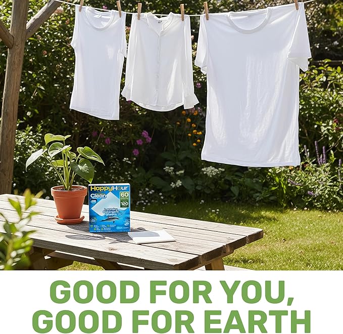 HAPPY HOUR Laundry Detergent Sheets 120 Loads Fresh Scent – Eco Friendly Biodegradable Laundry Soap Sheets, Non Toxic, Clothes Washing, Hot & Cold Water, Travel, Hypoallergenic for Sensitive Skin