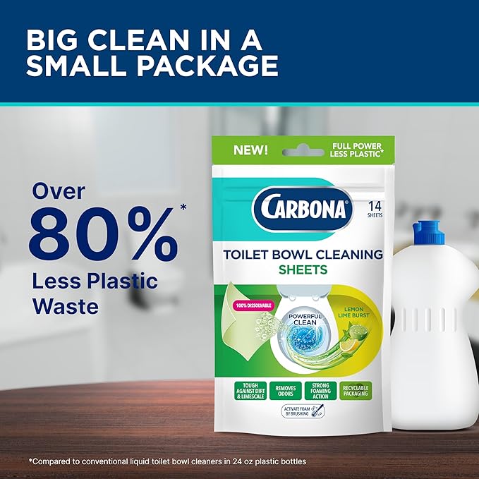 Carbona Toilet Bowl Sheets | Lemon Lime Scent | Powerful Toilet Bowl Cleaner | 14 Sheets | Less Plastic Waste