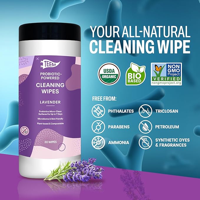 Probiotic Cleaning Wipes with Lavender Essential Oil, Microcleans Surfaces for up to 7 Days, Home Compostable & Biodegradable, All-Natural Multi Surface Wipes by SCD Probiotics, 90 Sheets (Pack of 3)