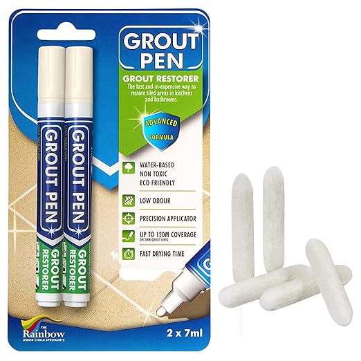 Grout Pen Tile Paint Marker: 2 Pack Ivory with 5 Pack Replacement Tips (Narrow, 5mm) - Waterproof Grout Colorant and Sealer Pen to Renew, Repair, and Refresh Tile Grout - Cleaner Coating Stain Pens