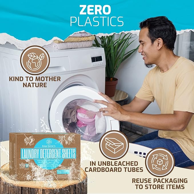Laundry Detergent Sheets Unscented - Zero Waste, Plastic and Scent Free, Natural Soap - Travel Size Essentials for Washing Clothes, 100 Loads (Unscented)