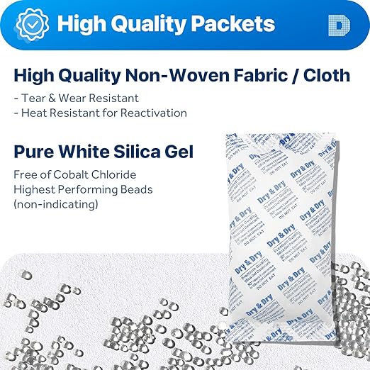 Dry & Dry 300 Gram [10 Packets] Silica Gel Packets Desiccants, Silica Packets - Rechargeable Moisture Absorbers for Food Storage, Electronics, 3D Filament & Safes