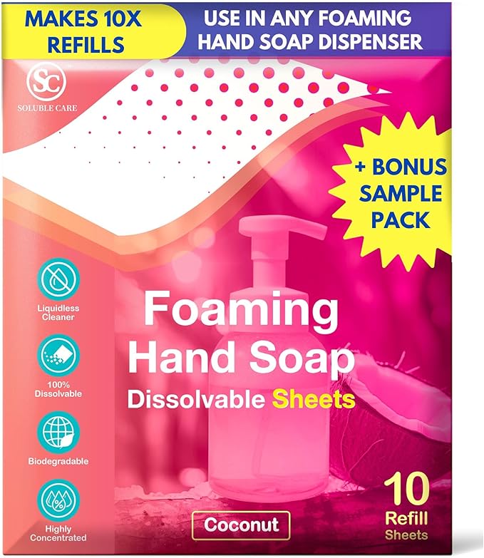 Foaming Hand Soap Dissolvable Sheets + Free 4-Sheet Bonus Pack (Sustainable, Earth-Friendly Cleaning Solution) - Coconut Scent
