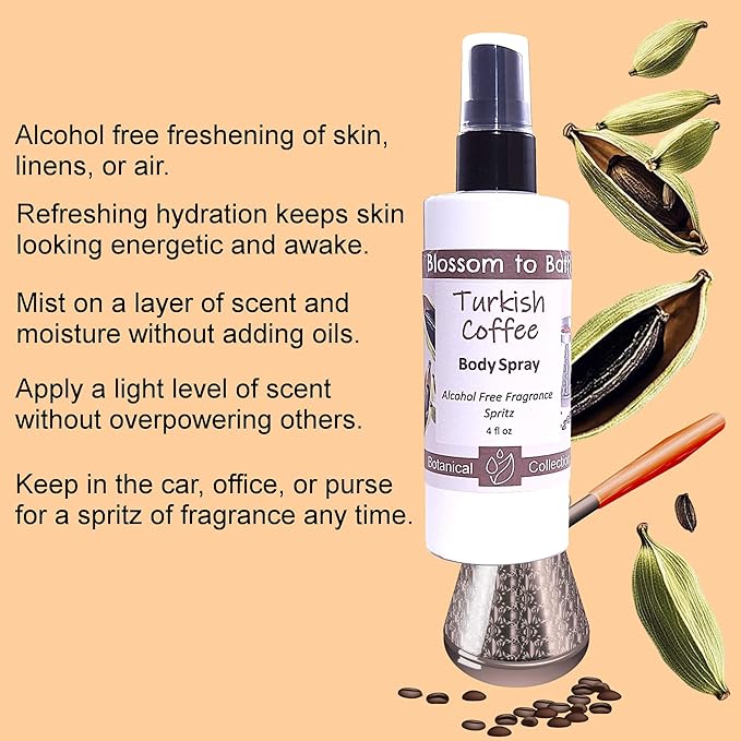 Blossom to Bath Turkish Coffee Body Spray (4 Ounce) - Natural Fragrance - Energizes Skin with a Sweetly Rich And Spicy Scent