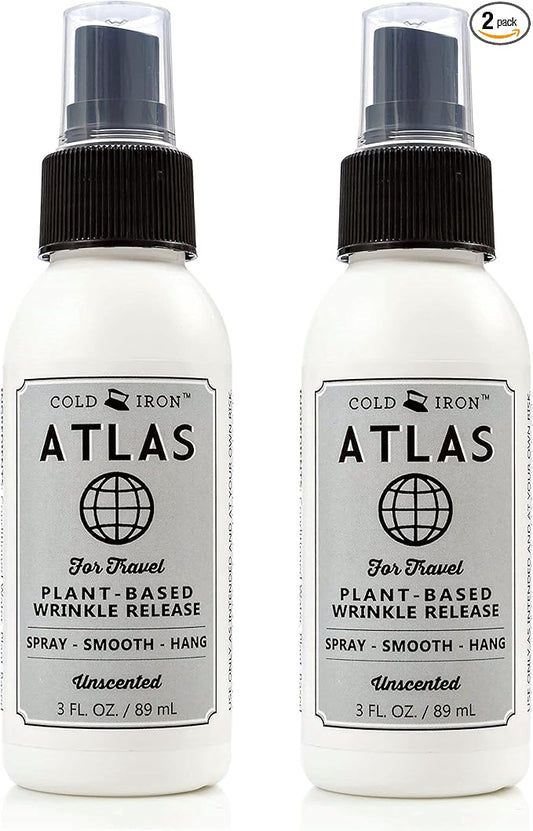 Cold Iron Wrinkle Release Spray for Clothes. Atlas Travel Size 3 fl oz/89 ml. Fragrance Free. Fast, Easy to Use Ironing Alternative. Spray, Smooth, Hang. Award Winning for People on The Go