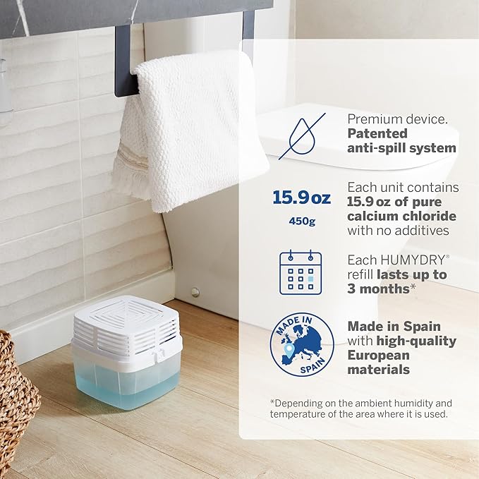 HUMYDRY Moisture Absorber Dehumidifier Device for Home, Premium Pack Of 1 Device of 15.9 Oz With 3 Pre-Measured Refills, Unscented Humidity Absorber For Closets, Bathroom and Medium Enclosed Spaces