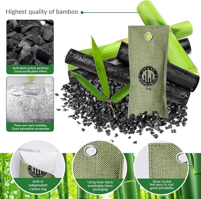 2 Bags Natural Air Purifying Bag | Bamboo Charcoal Odor Absorber for Home & Car | Closet Odor Eliminator, Small Room Deodorizer & Car Air Freshener | Charcoal Bags (75g light green1, Unscented)