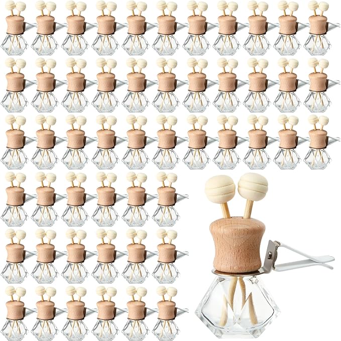 Zubebe 90 Pack 8 ml Diamond Essential Oil Diffuser Bottle Bulk Car Air Freshener Vent Clip Auto Perfume Vent Diffuser for Aromatherapy Fragrance Ornament Decor, Glass Bottle with Wooden Caps Stick