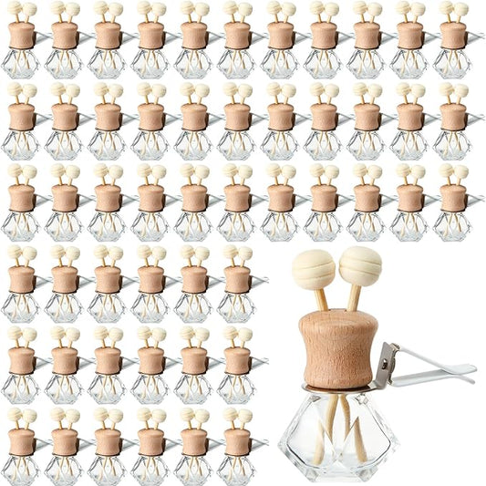 Zubebe 90 Pack 8 ml Diamond Essential Oil Diffuser Bottle Bulk Car Air Freshener Vent Clip Auto Perfume Vent Diffuser for Aromatherapy Fragrance Ornament Decor, Glass Bottle with Wooden Caps Stick