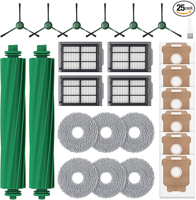 25 Pcs Replacement Parts Kit for iRobot Roomba Plus 405/505 / 507 Combo Robot Vacuum, Accessories Include 2 Main Brush, 6 Vacuum Bags, 4 Hepa Filters, 6 Mop Pads, 6 Side Brushes, 1 Cleaning Brush