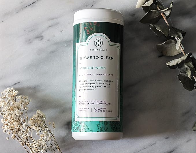 DERMAGLOVE Thyme To Clean - Skin-Safe Compostable Surface Cleaning Wipes | infused with Thyme and Vitamin A,C,E - 75 Count (Pack of 1)