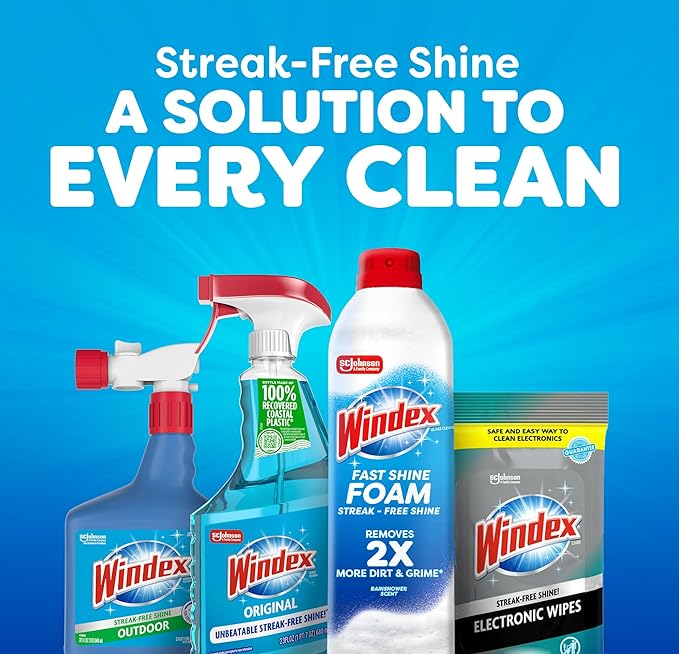 Windex Fast Shine Foam Glass Cleaner, No-Drip Windows, Doors, Mirrors & Countertops Aerosol Cleaning Spray, Streak-Free Shine, Removes Fingerprints, Dust, Dirt, Grime & More 19 oz (Pack of 2)