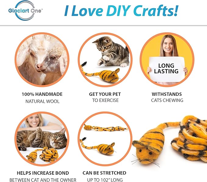 Glaciart One Felt Mouse Cat Toy – Soft Fuzzy Enrichment 100% Natural Wool - Interactive Catnip Play Cat Toy Set - Safe for Pets, Non-AZO Colored Dyes - 100” Long