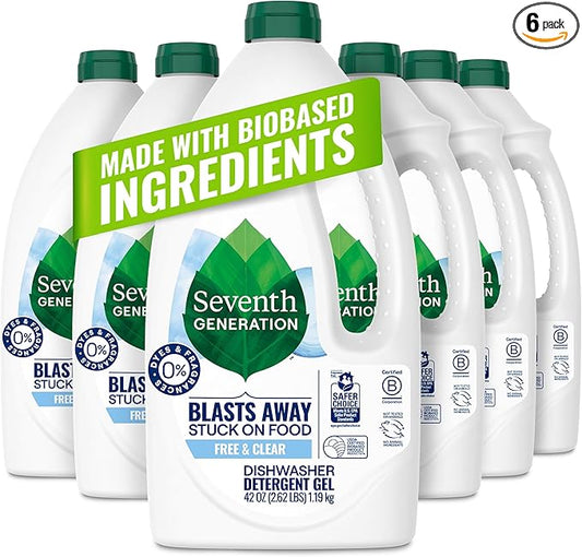 Seventh Generation Free & Clear Dishwasher Detergent Gel, 42 oz, 6 Pack, Targets Grease & Stuck-On Food For A Streak-Free Finish, Fragrance Free
